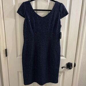 NWT Alex Evenings Dress Sequin lace sheath Navy  size 12P Stretch Lined